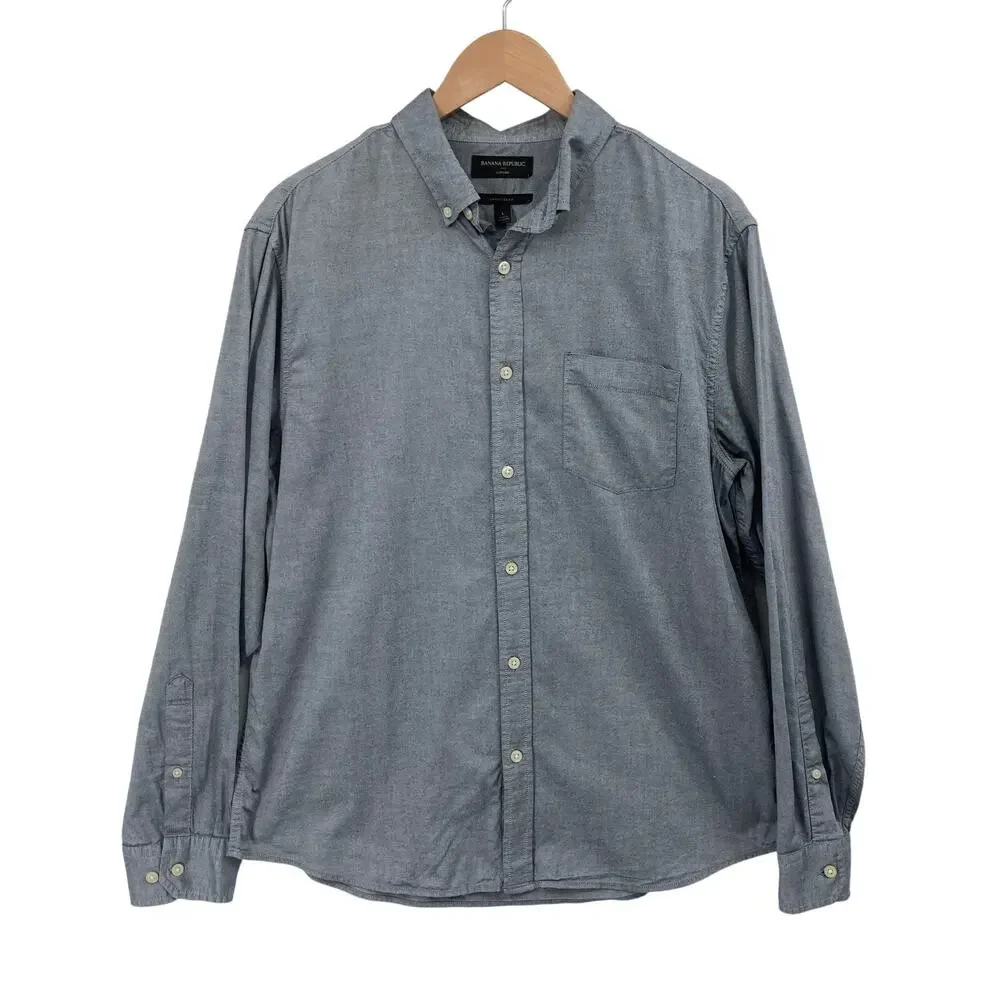 Banana Republic Gray Oxford Button Down Shirt Large Untucked Fit Mens Casual